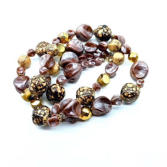 Brown and Gold Tones Necklace, Vintage Lucite Beaded Strand Some with a Stone - Picture 2 of 3